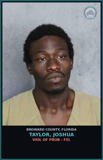 CCW arrest card for TAYLOR, JOSHUA in Broward County: VIOL OF PROB - FEL