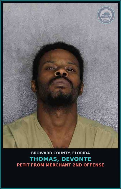 CCW arrest card for THOMAS, DEVONTE in Broward County: PETIT FROM MERCHANT 2ND OFFENSE