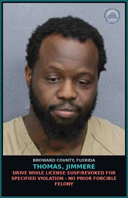 CCW arrest card for THOMAS, JIMMERE in Broward County: RECKLESS DRIVING DAMAGE PERSON OR PROPERTY