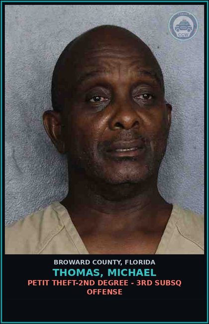 CCW arrest card for THOMAS, MICHAEL in Broward County: PETIT THEFT-2ND DEGREE - 3RD SUBSQ OFFENSE