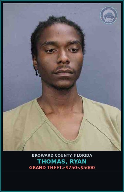 CCW arrest card for THOMAS, RYAN in Broward County: GRAND THEFT>$750<$5000