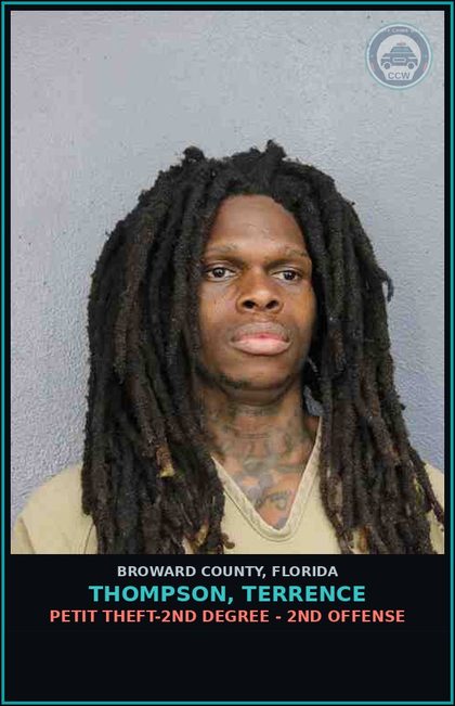 CCW arrest card for THOMPSON, TERRENCE in Broward County: PETIT THEFT-2ND DEGREE - 2ND OFFENSE