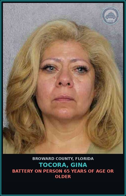 CCW arrest card for TOCORA, GINA in Broward County: BATTERY ON PERSON 65 YEARS OF AGE OR OLDER