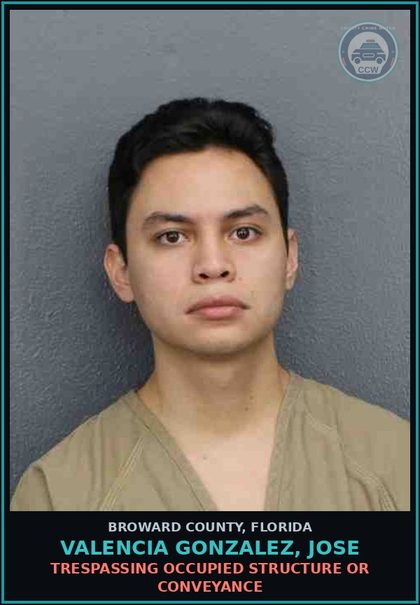 CCW arrest card for VALENCIA GONZALEZ, JOSE in Broward County: TRESPASSING OCCUPIED STRUCTURE OR CONVEYANCE