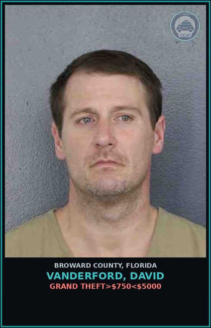 CCW arrest card for VANDERFORD, DAVID in Broward County: GRAND THEFT>$750<$5000
