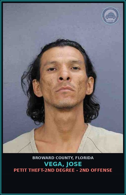 CCW arrest card for VEGA, JOSE in Broward County: PETIT THEFT-2ND DEGREE - 2ND OFFENSE