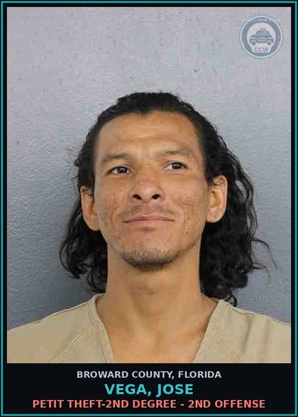 CCW arrest card for VEGA, JOSE in Broward County: PETIT THEFT-2ND DEGREE - 2ND OFFENSE