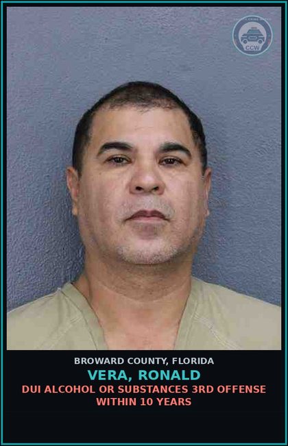 CCW arrest card for VERA, RONALD in Broward County: DUI ALCOHOL OR DRUGS  3RD OFFENSE WITHIN 10 YEARS