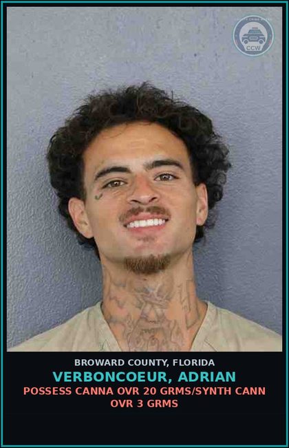 CCW arrest card for VERBONCOEUR, ADRIAN in Broward County: POSSESS Canna OVR 20 GRMS/SYNTH CANN OVR 3 GRMS