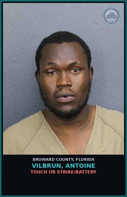 CCW arrest card for VILBRUN, ANTOINE in Broward County: TOUCH OR STRIKE/BATTERY