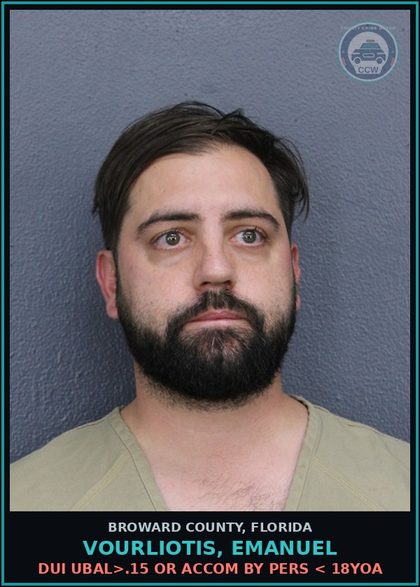 CCW arrest card for VOURLIOTIS, EMANUEL in Broward County: DUI UBAL>.15 OR ACCOM BY PERS < 18YOA