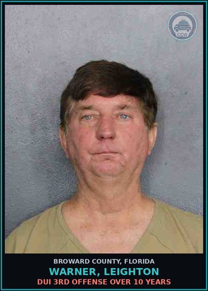 CCW arrest card for WARNER, LEIGHTON in Broward County: DUI 3RD OFFENSE OVER 10 YEARS