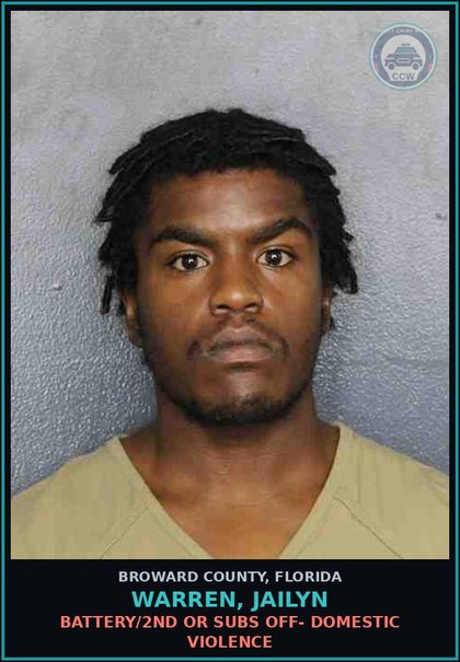 CCW arrest card for WARREN, JAILYN in Broward County: BATTERY/2ND OR SUBS OFF- DOMESTIC VIOLENCE