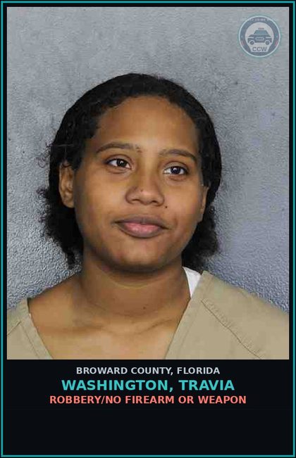 CCW arrest card for WASHINGTON, TRAVIA in Broward County: ROBBERY/NO FIREARM OR WEAPON