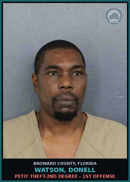 CCW arrest card for WATSON, DONELL in Broward County: ATTACH REGISTRATION LICENSE PLATE NOT ASSIGNED