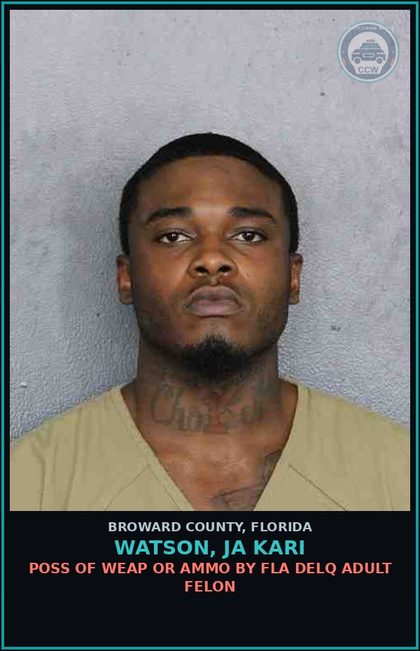 CCW arrest card for WATSON, JA KARI in Broward County: POSS OF WEAP OR AMMO BY FLA DELQ ADULT FELON