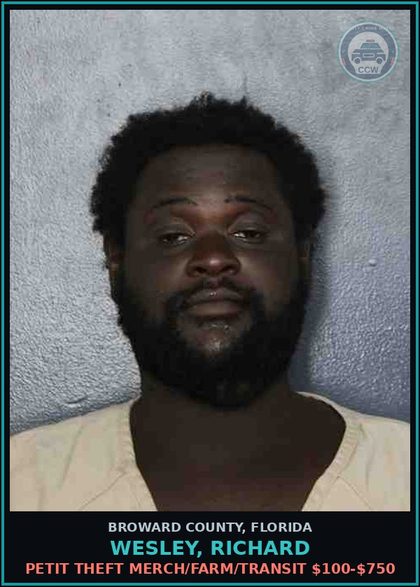 CCW arrest card for WESLEY, RICHARD in Broward County: PETIT THEFT MERCH/FARM/TRANSIT $100-$750