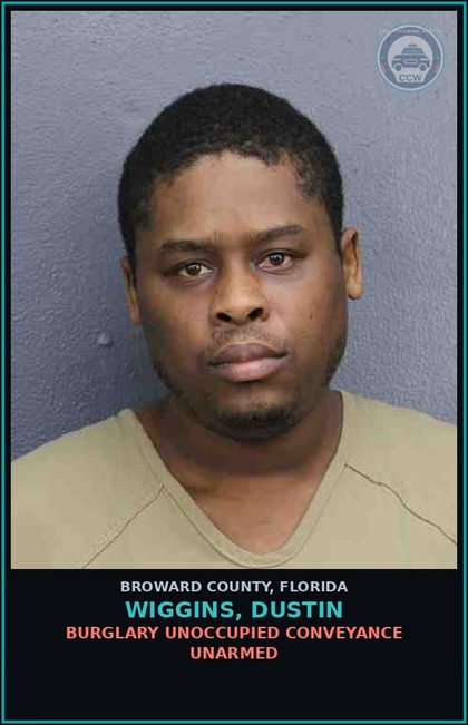 CCW arrest card for WIGGINS, DUSTIN in Broward County: BURGLARY UNOCCUPIED CONVEYANCE UNARMED