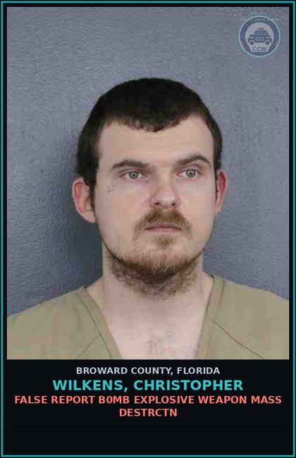 CCW arrest card for WILKENS, CHRISTOPHER in Broward County: THREAT TO THROW PLACE DISCHARGE DESTRUCTIVE DEVICE