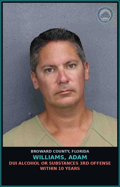 CCW arrest card for WILLIAMS, ADAM in Broward County: DUI ALCOHOL OR DRUGS  3RD OFFENSE WITHIN 10 YEARS