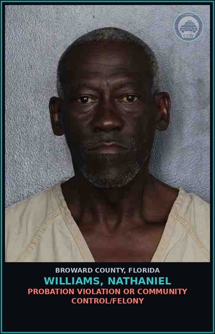 CCW arrest card for WILLIAMS, NATHANIEL in Broward County: PROBATION VIOLATION OR COMMUNITY CONTROL/FELONY