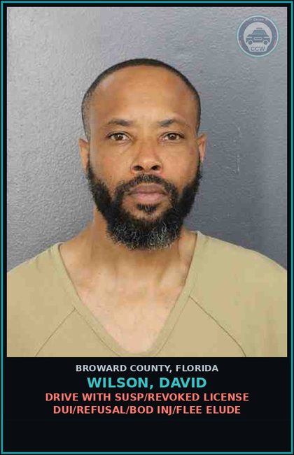 CCW arrest card for WILSON, DAVID in Broward County: DRIVE WITH SUSP/REVOKED LICENSE DUI/REFUSAL/BOD INJ/FLEE ELUDE