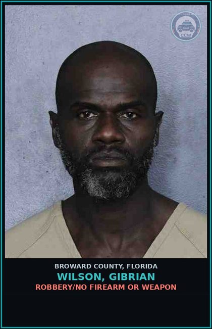CCW arrest card for WILSON, GIBRIAN in Broward County: ROBBERY/NO FIREARM OR WEAPON