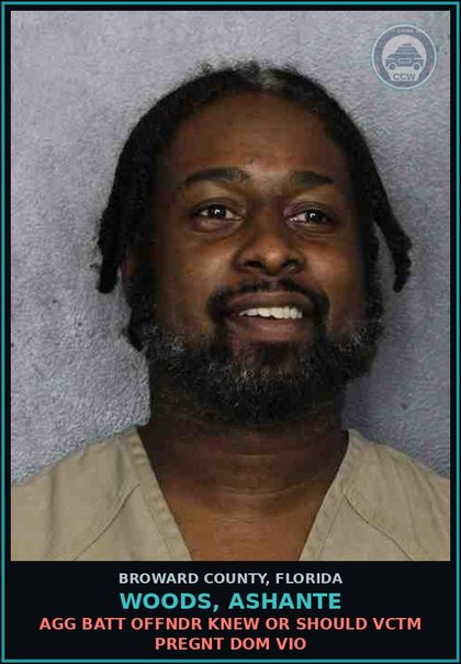 CCW arrest card for WOODS, ASHANTE in Broward County: AGG BATT OFFNDR KNEW OR SHOULD VCTM PREGNT DOM VIO