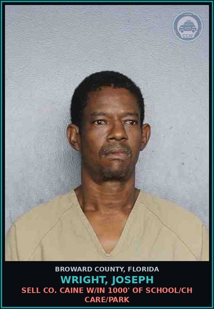 CCW arrest card for WRIGHT, JOSEPH in Broward County: SELL COCAINE W/IN 1000' OF SCHOOL/CH CARE/PARK