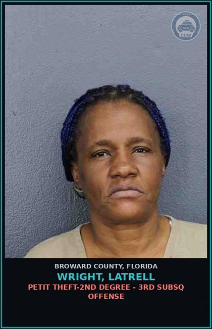 CCW arrest card for WRIGHT, LATRELL in Broward County: PETIT THEFT-2ND DEGREE - 3RD SUBSQ OFFENSE