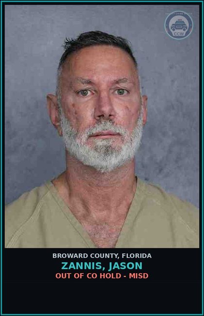 CCW arrest card for ZANNIS, JASON in Broward County: OUT OF CO HOLD - MISD
