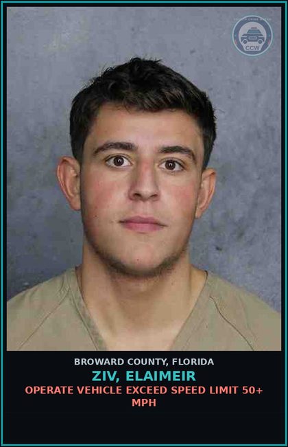 CCW arrest card for ZIV, ELAIMEIR in Broward County: OPERATE VEHICLE EXCEED SPEED LIMIT 50+ MPH