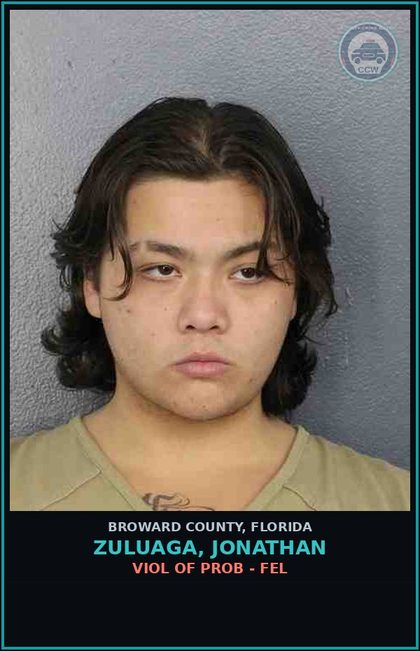 CCW arrest card for ZULUAGA, JONATHAN in Broward County: VIOL OF PROB - FEL