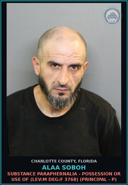 CCW arrest card for ALAA SOBOH in Charlotte County: Out of County Warrant (LEV:N DEG:N 6265) (Principal - P)