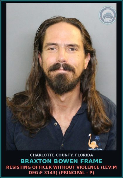 CCW arrest card for BRAXTON BOWEN FRAME in Charlotte County: Criminal Mischief Between $200 and $1000 Damage (LEV:M DEG:F 2755) (Principal - P)