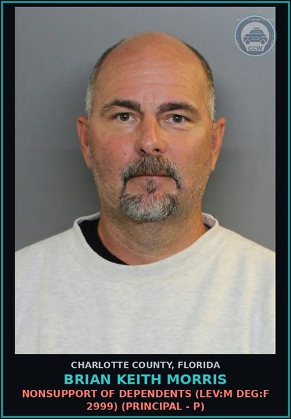 CCW arrest card for BRIAN KEITH MORRIS in Charlotte County: Nonsupport of Dependents (LEV:M DEG:F 2999) (Principal - P)