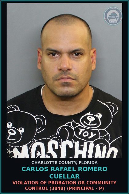 CCW arrest card for CARLOS RAFAEL ROMERO CUELLAR in Charlotte County: Violation of probation or community control (3848) (Principal - P)