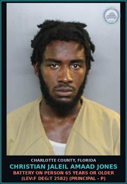CCW arrest card for CHRISTIAN JALEIL AMAAD JONES in Charlotte County: Battery On Person 65 Years or Older (LEV:F DEG:T 2582) (Principal - P)