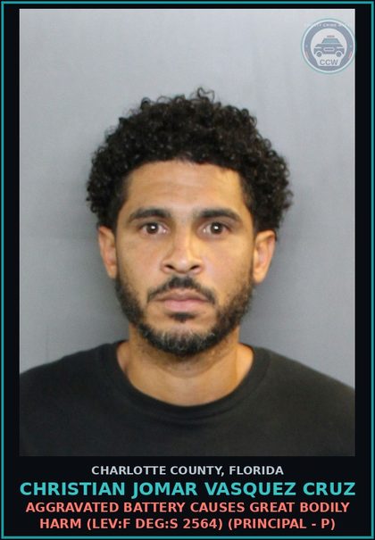 CCW arrest card for CHRISTIAN JOMAR VASQUEZ CRUZ in Charlotte County: Aggravated Battery Causes Great Bodily Harm (LEV:F DEG:S 2564) (Principal - P)