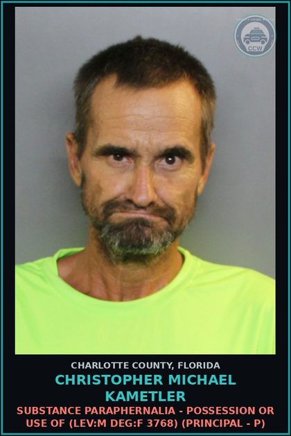 CCW arrest card for CHRISTOPHER MICHAEL KAMETLER in Charlotte County: Possess Cntrl Sub WO PRESCRP (LEV F DEG T 3695) (Principal - P)