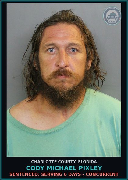 CCW arrest card for CODY MICHAEL PIXLEY in Charlotte County: Sentenced: Serving 6 days - Concurrent
