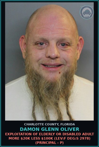CCW arrest card for DAMON GLENN OLIVER in Charlotte County: Exploitation of Elderly or Disabled Adult More $20K Less $100K (LEV:F DEG:S 2978) (Principal - P)