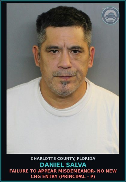 CCW arrest card for DANIEL SALVA in Charlotte County: FAILURE TO APPEAR MISDEMEANOR- NO NEW CHG ENTRY (Principal - P)
