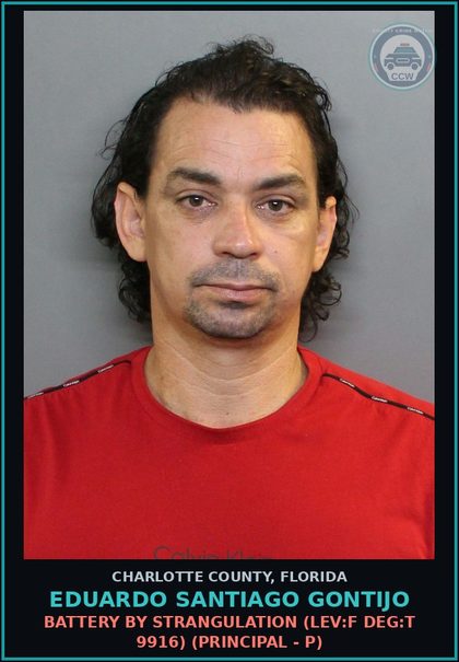 CCW arrest card for EDUARDO SANTIAGO GONTIJO in Charlotte County: BATTERY BY STRANGULATION (LEV:F DEG:T 9916) (Principal - P)