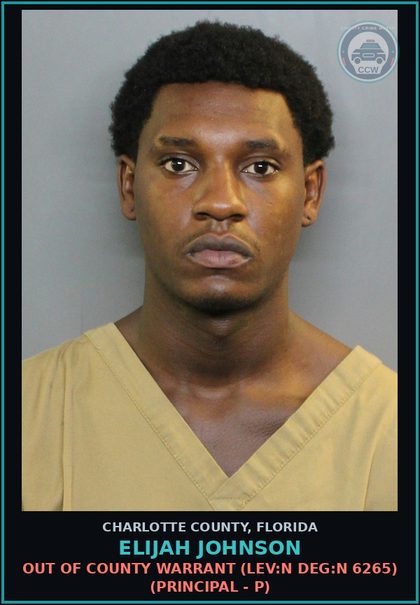 CCW arrest card for ELIJAH JOHNSON in Charlotte County: Out of County Warrant (LEV:N DEG:N 6265) (Principal - P)