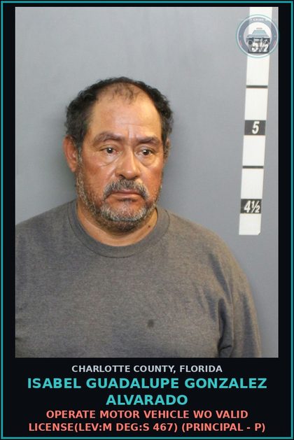 CCW arrest card for ISABEL GUADALUPE GONZALEZ ALVARADO in Charlotte County: Operate motor vehicle WO valid license(LEV:M DEG:S 467) (Principal - P)