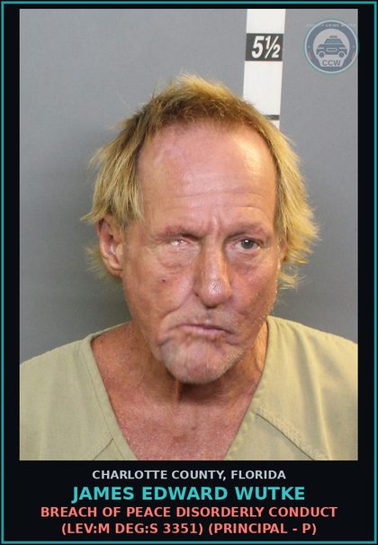 CCW arrest card for JAMES EDWARD WUTKE in Charlotte County: Breach of Peace Disorderly Conduct (LEV:M DEG:S 3351) (Principal - P)