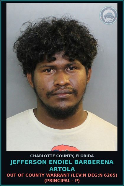 CCW arrest card for JEFFERSON ENDIEL BARBERENA ARTOLA in Charlotte County: Out of County Warrant (LEV:N DEG:N 6265) (Principal - P)