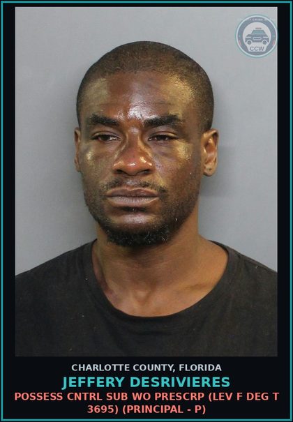 CCW arrest card for JEFFERY DESRIVIERES in Charlotte County: Possess Cntrl Sub WO PRESCRP (LEV F DEG T 3695) (Principal - P)