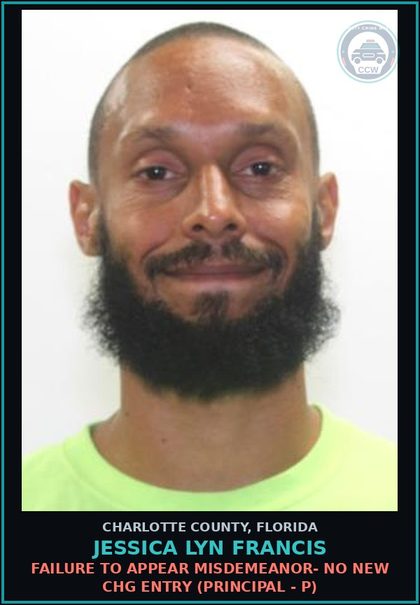 CCW arrest card for JESSICA LYN FRANCIS in Charlotte County: FAILURE TO APPEAR MISDEMEANOR- NO NEW CHG ENTRY (Principal - P)
